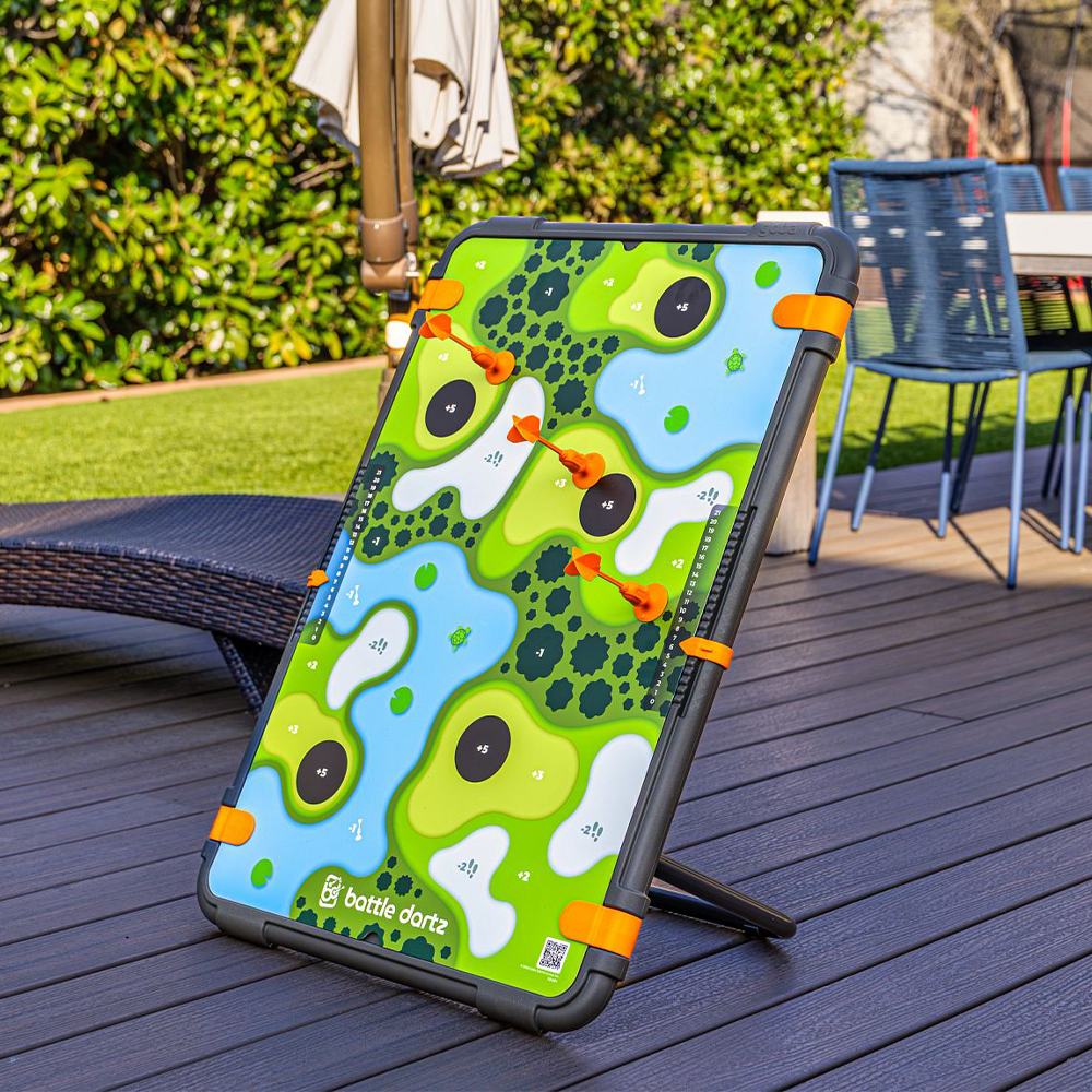 Colorful outdoor game board with stand on a wooden deck